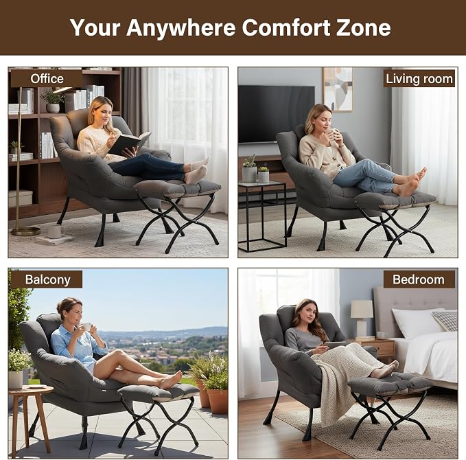 Welnow Lazy Chair with Ottoman, Reading Chair with Footrest, Dark Grey | A Side - Image 7