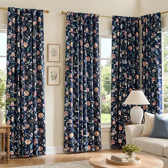 jinchan Dark Blue Floral Blackout Curtains 96 Inch Back Tab 2 Panels | Room - Image 4