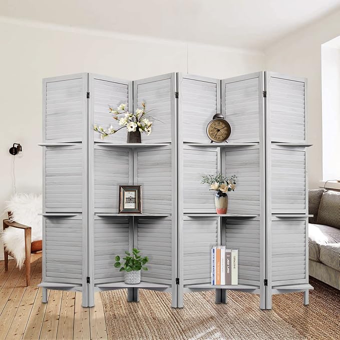 Room Divider with Shelves, 6 Panel Grey Privacy Screen | Partition Room - Image 6