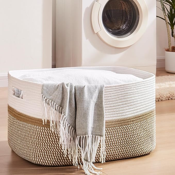OIAHOMY Blanket Basket Laundry Basket Dog Toy Basket 75L Yellow/White | Large - Image 2