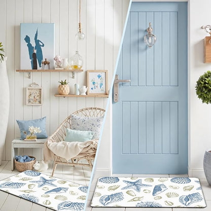 Kitchen Mats for Floor Cushioned Anti Fatigue Sets of 2 Beach Theme Kitchen Rugs Non Slip Waterproof Coastal Foam Kitchen Floor Rug Nautical Seashell Comfort Standing Mat for Sink Laundry, Blue