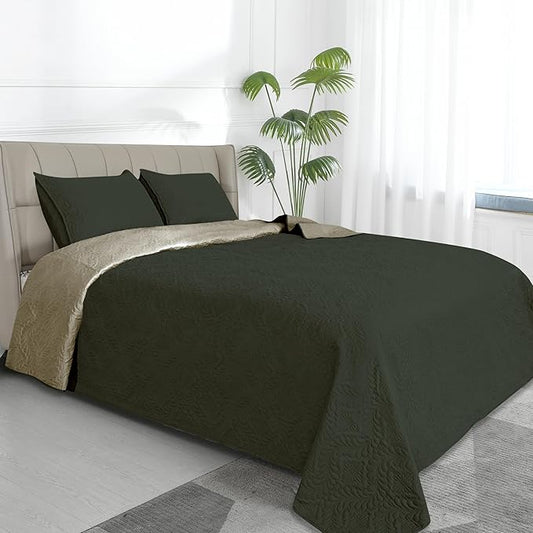 Easy-Going King Size Reversible Quilt Set with 1 Quilt and 2 Pillow Shams, Soft Bed Quilt Cover, Water Resistant Lightweight Microfiber Bedspread, Stain Resistant, Olive Leaf-Army Green/Beige
