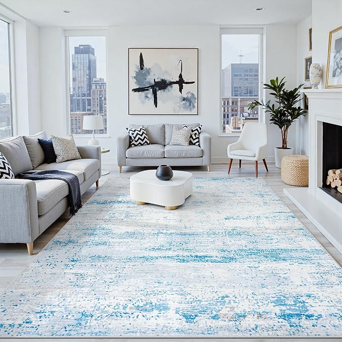 5x7 Washable Area Rug for Living Room Bedroom: Non-Slip Modern Light Blue | by Oriannal