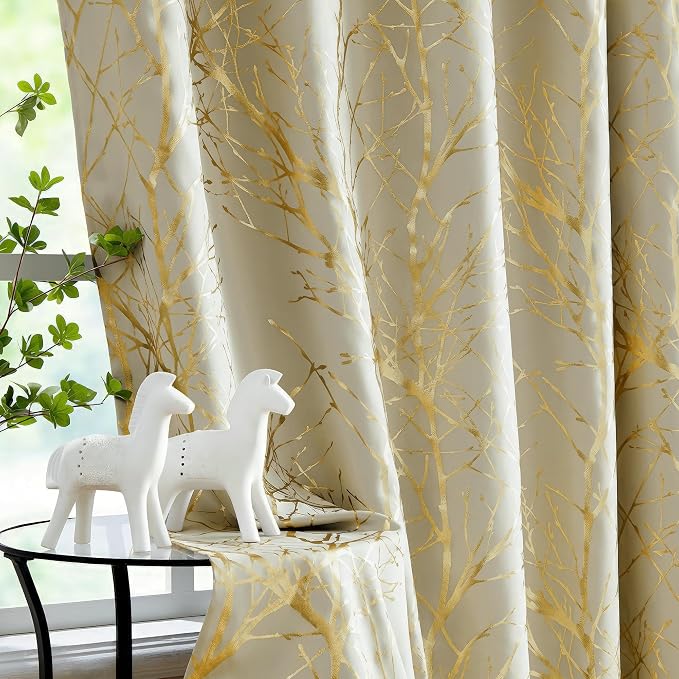 FMFUNCTEX 100% Blackout Ivory Gold Foil Tree Curtains 84 Inch Long 2 Panels | by Fmfunctex
