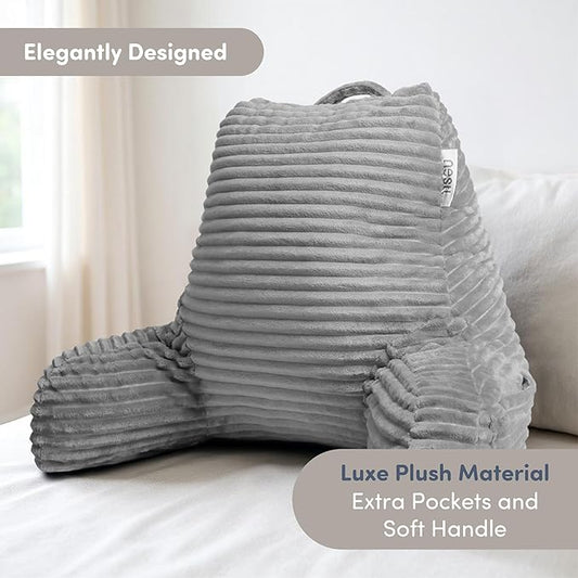 Nestl Reading Pillow with Shredded Memory Foam, Luxe Cut Plush Back Pillow for Sitting Up in Bed, Back and Arms Adjustable Support for Adult & Teens, Backrest Pillows with Washable Cover Light Grey