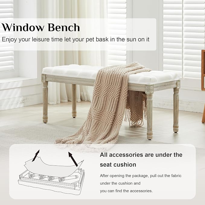 LOULENS 43.9" Linen End of Bed Bench, Vintage Bedroom Bench, Upholstered - Image 3