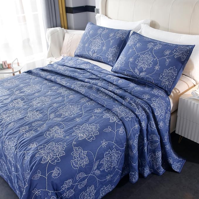 ROOMLIFE Quilt Set King Size 3D Floral Embroidery Pattern 3-Piece Cotton by ROOMLIFE