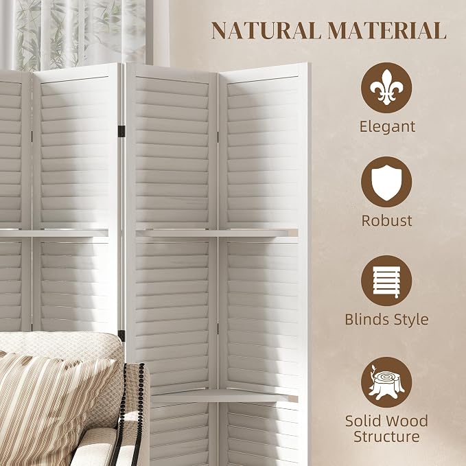 HOMCOM Room Divider with Shelves 6 Panel 67" Wood Screen White | Wood Privacy - Image 5