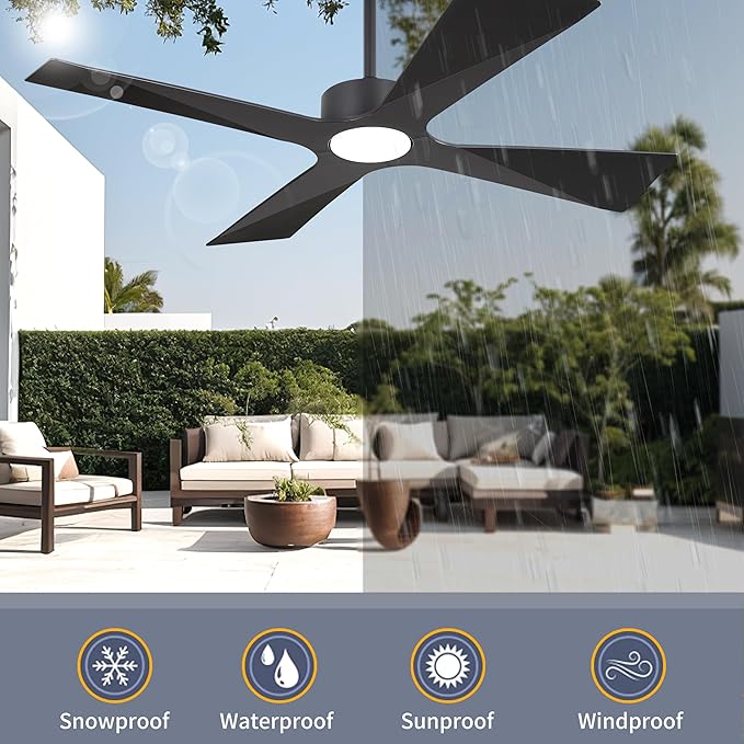 WINGBO 54" Wet Rated Outdoor Ceiling Fan with Lights, 4 ABS Plastic Blades, Reversible DC Motor, 6-Speed Remote Control, 3 CCT, Waterproof Ceiling Fan for Patio Porch Gazebo Garage, Matte Black