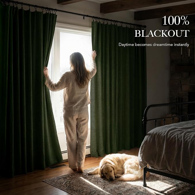 RYB HOME Olive Green 100% Blackout Linen Curtains 84 Inch Long - Image 3