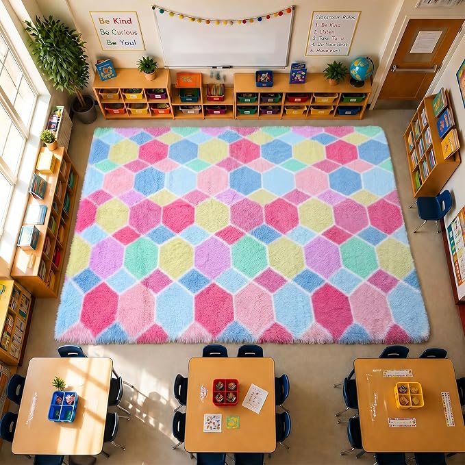Checkered 6x9 Area Rugs for Living Room, Fluffy Pink Rainbow Colorful Rug for - Image 9