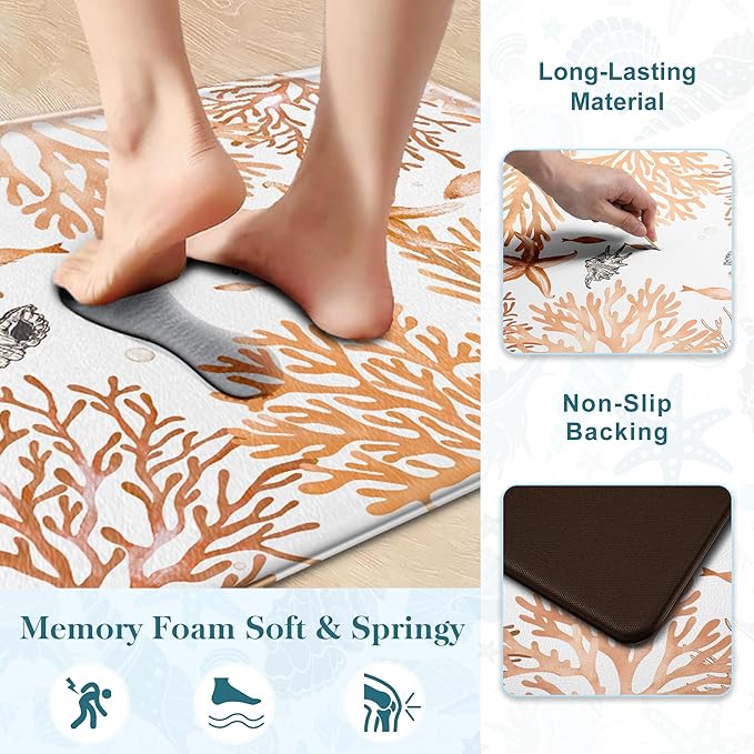 Kitchen Mats for Floor Cushioned Anti Fatigue Sets of 2 Coastal Kitchen Rugs Non Slip Waterproof Nautical Foam Kitchen Floor Rug Beach Theme Coral Fish Comfort Standing Mat for Sink Laundry, Coral