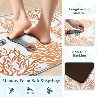 Kitchen Mats for Floor Cushioned Anti Fatigue Sets of 2 Coastal Kitchen Rugs Non Slip Waterproof Nautical Foam Kitchen Floor Rug Beach Theme Coral Fish Comfort Standing Mat for Sink Laundry, Coral