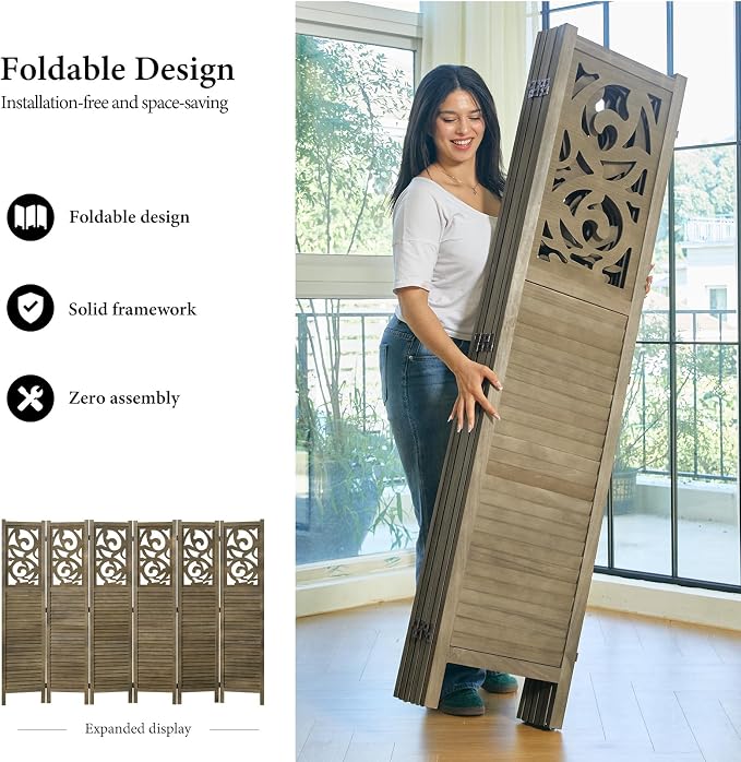 Room Divider Wood Carved Wall Divider Indoor Folding Portable Partition Screen - Image 3