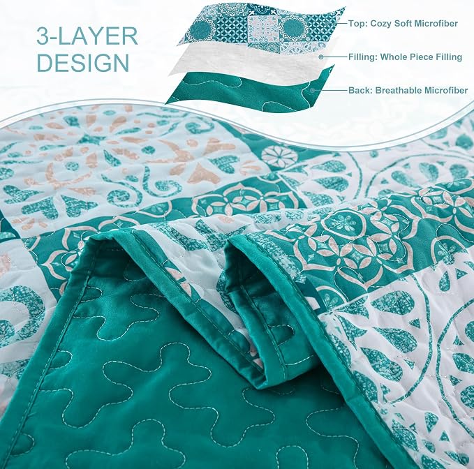 Teal Boho Quilt Set Queen Size, Plaid Patchwork Bedspreads Coverlet Set | 3Pcs - Image 6