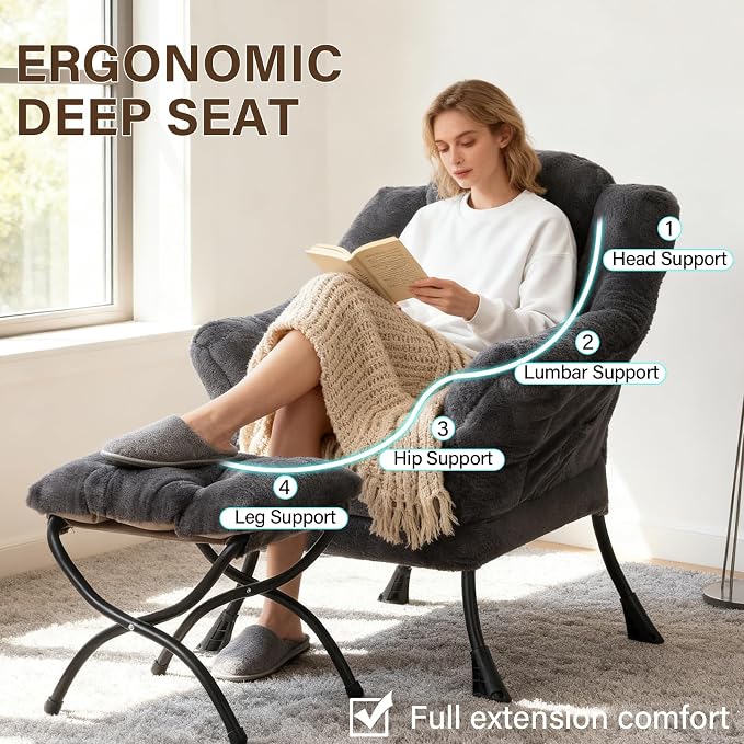 Welnow Lazy Chair with Ottoman, Reading Chair with Footrest, Plush Navy | A - Image 8