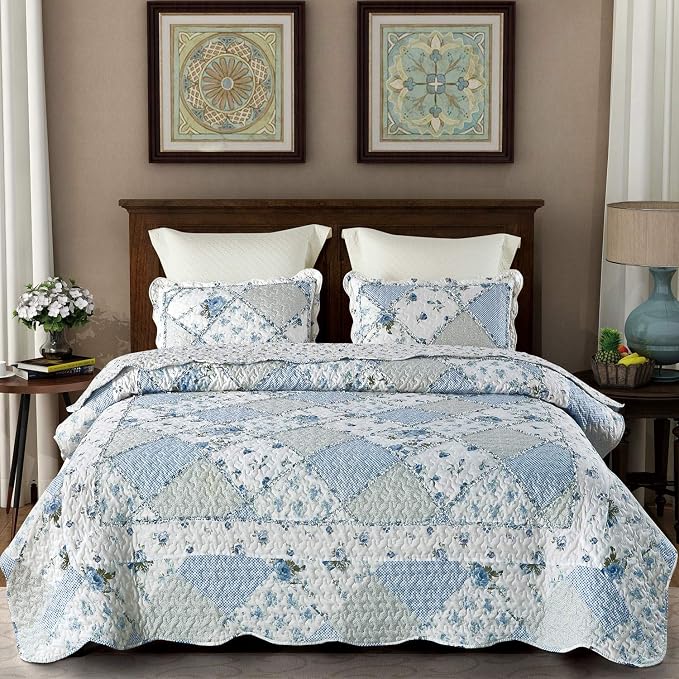 VIVILINEN Blue Floral Patchwork Quilt Set King Size Reversible Quilted Bedding - Image 2