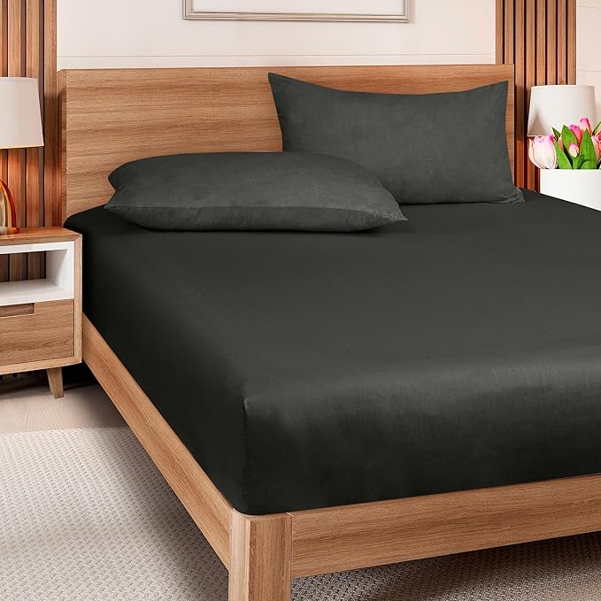 ROYALE LINENS 300 Thread Count 100% Long Staple Combed Cotton Fitted Sheet California King - Super Soft Deep Pocket Bottom Sheet - Fitted Sheets Only - Elastic Sheets (Cal King, Black)