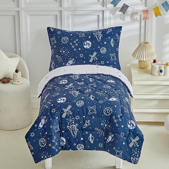 DuShow Navy Blue Toddler Bedding Set for Boys,4 Pieces Space Crib Bed Sheets Set,Soft Toddler Comforter Set in a Bag, Includes Quilted Comforter, Flat Top Sheet, Fitted Sheet, Envelope Pillow Case