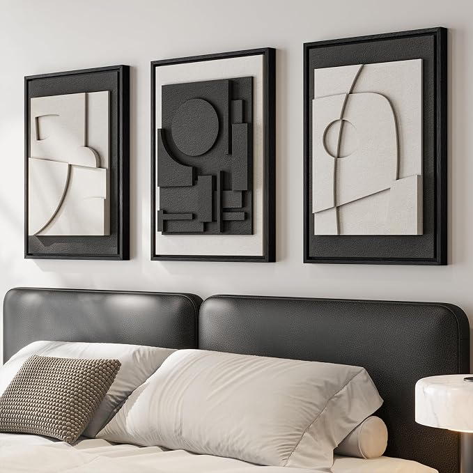 3D Textured Framed Black and White Abstract Wall Art Set of 3, 16x24 In | Solid by Cuspin