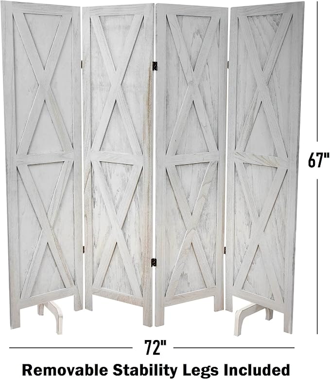 Premium Home 4-Panel Room Divider – Rustic White Barn Door, X Pattern Folding - Image 6