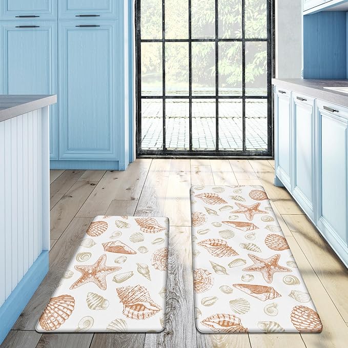 Kitchen Mats for Floor Cushioned Anti Fatigue Sets of 2 Beach Theme Kitchen Rugs Non Slip Waterproof Coastal Foam Kitchen Floor Rug Nautical Seashell Comfort Standing Mat For Sink Laundry, Coral