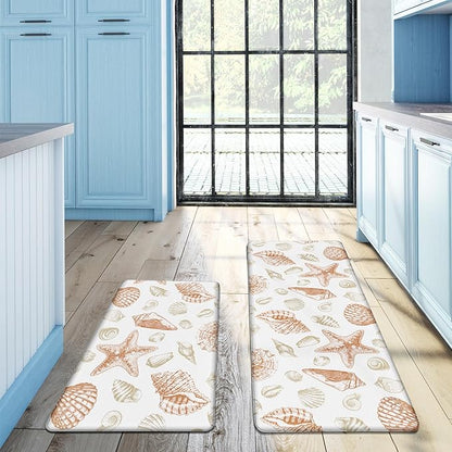 Kitchen Mats for Floor Cushioned Anti Fatigue Sets of 2 Beach Theme Kitchen Rugs Non Slip Waterproof Coastal Foam Kitchen Floor Rug Nautical Seashell Comfort Standing Mat For Sink Laundry, Coral