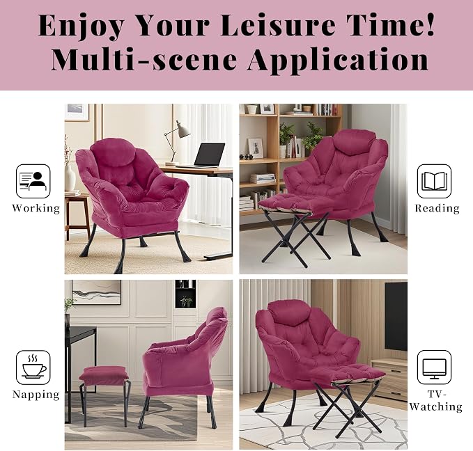 Lazy Chair with Ottoman, Comfy Reading Chair, Burgundy | Cushioned Seat with - Image 6