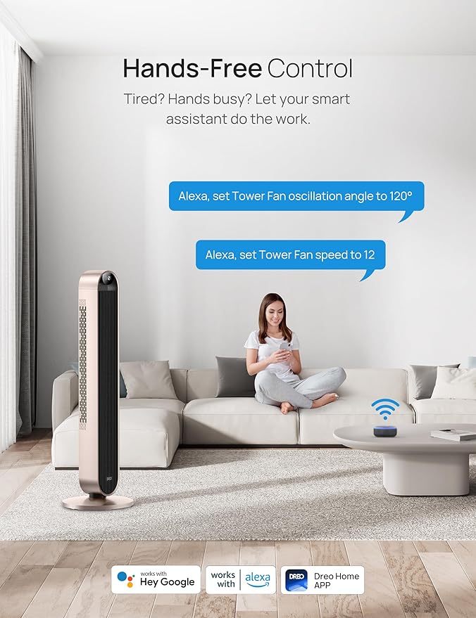 Dreo Smart Tower Fan Voice Control, 120° Oscillating Fan Works with Alexa/Google/App/Remote, 42 Inch, 25dB Quiet DC Bladeless Fan for Bedroom,12 Speeds, Floor Fan for Home, Office, Pilot Max S