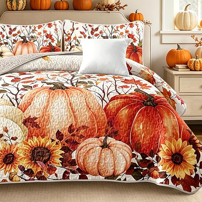 WONGS BEDDING Fall Harvest Pumpkin Quilts Queen Size, Thanksgiving Bedspread | - Image 2