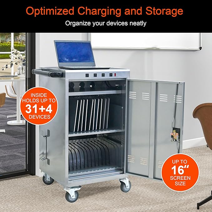 Aokleo Laptop Charging Cart,35 Devices Tablet Storage Carts for pad Up to 16.3" Screen Size, Classroom Computer Mobile Charging Station for pads, Chromebooks,Laptops, Security Storage(31+4 Bay-Silver)