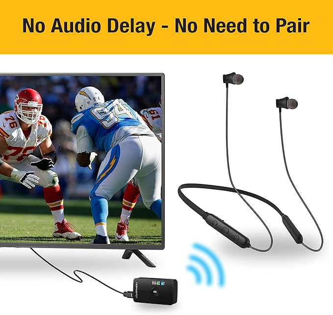 HomeSpot Wireless Neckband Headphones for TV Watching with Bluetooth 5.3 aptX LL Transmitter No Delay Lightweight High Volume Ideal for Seniors 3.5mm Aux RCA TOSLINK Optical