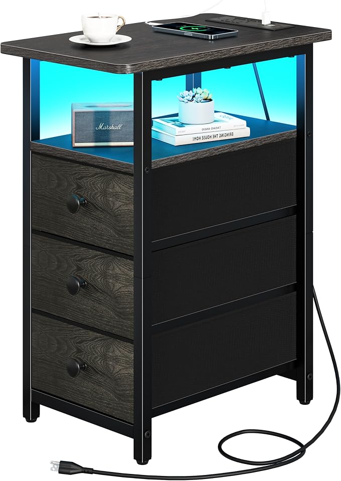 Yoobure End Table with Charging Station, LED Narrow Side Table Bedside Table by Yoobure