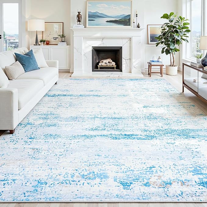 10x14 Washable Area Rug for Living Room Bedroom: Non-Slip Modern Light Blue | by Oriannal