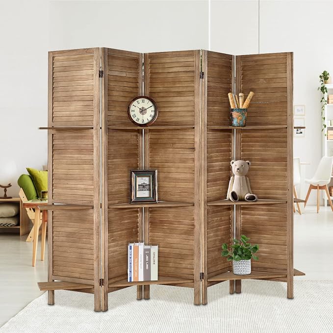 Room Divider with Shelves, 5 Panel Brown Privacy Screen | Partition Room - Image 8