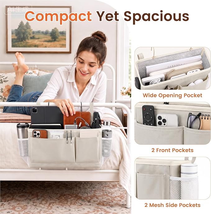 Bedside Caddy for Dorm Bed, Bedside Storage Bag Hanging Organizer | Metal Frame - Image 3