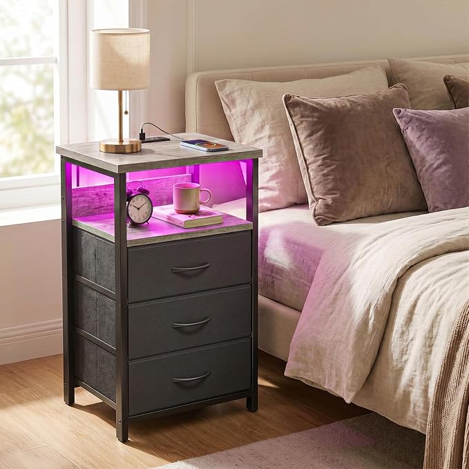 Fixwal Night Stand with 3 Fabric Drawers, Nightstand with Charging Station | - Image 2