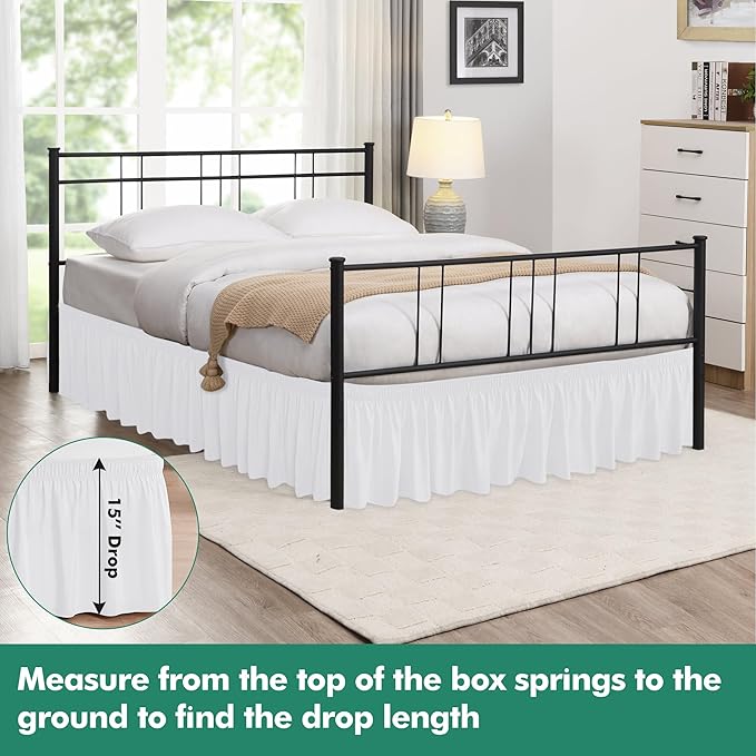 Biscaynebay Wrap Around Bed Skirts with Split Corners for King Beds 15" Drop, White Adjustable Elastic Dust Ruffles Easy Fit Wrinkle Resistant Silky Luxurious Fabric Machine Washable