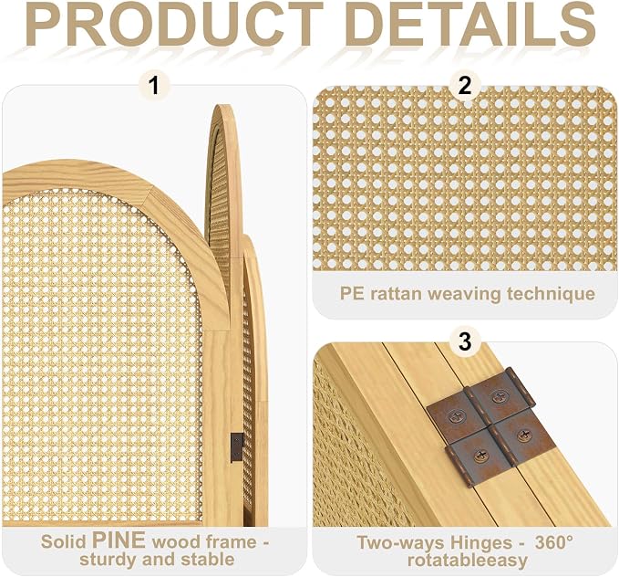 3-Panel Hand-Woven Rattan Room Divider, Tall Foldable Privacy Screen - Image 4