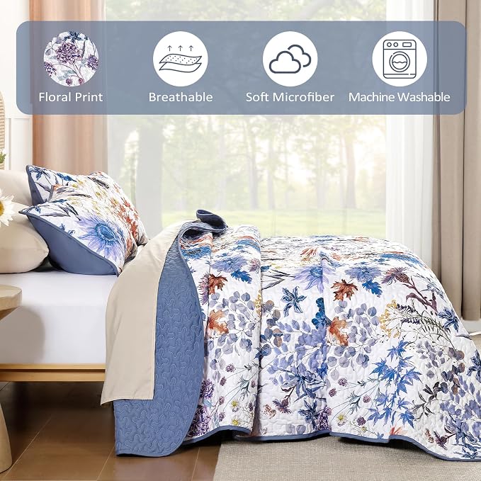 Yiran Blue Floral Quilts King Size, Sunflower Botanical Bedding Set | 3 Pieces - Image 6