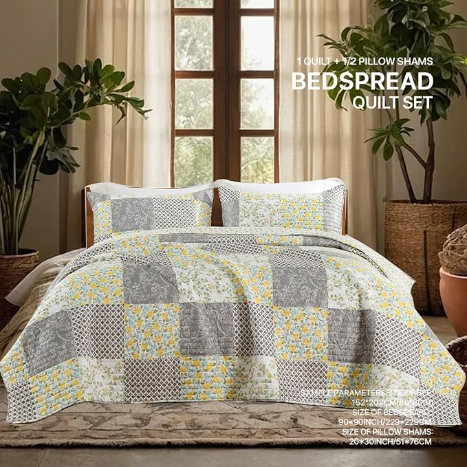 Quilt Set King Size Floral Patchwork Quilted, Soft Comforter Set Bedding Sets - Image 3