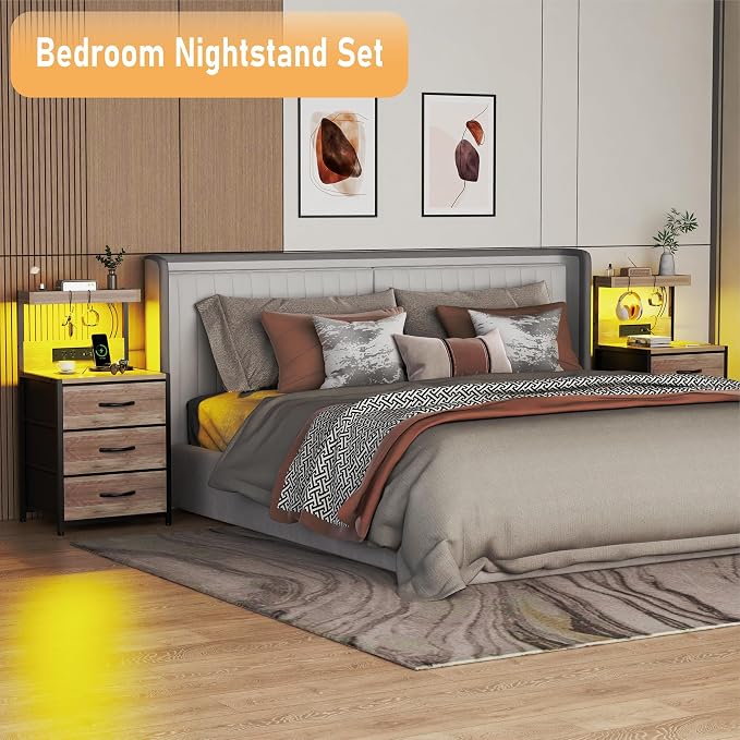 SZLHANJZ Night Stand Set 2, LED Lights and Charging Station, 3 Drawers | - Image 2