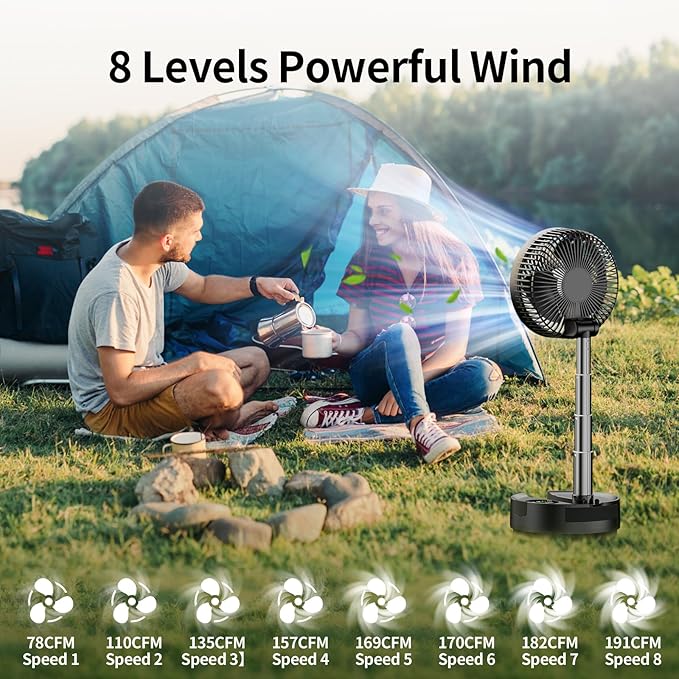 Socool 20000mAh Portable Fan Foldable Wireless Battery Rechargeable with 8-Speed & 112H, 90° Osciliating Floor Standing Fan Remote, Desk Fan with 8H Timer & LED Light for Home Kitchen Travel Camping