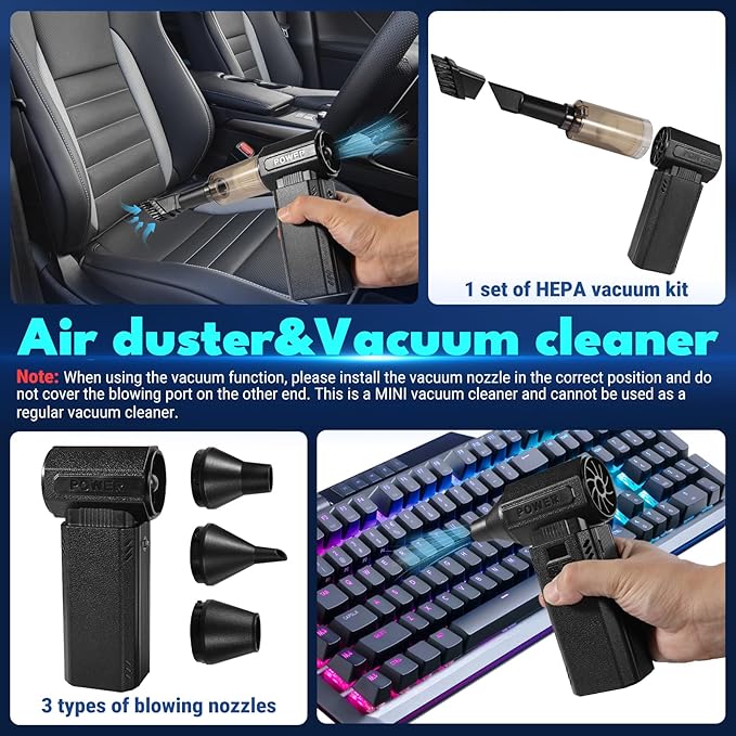 Newdehanm Violent Turbo Fan,Electric Compressed Air Duster & Vacuum Cleaner, Portable Rechargeable Cordless Handheld Air Blower with LED Light & Power Bank for PC, Outdoor, House, Car,20000mAh