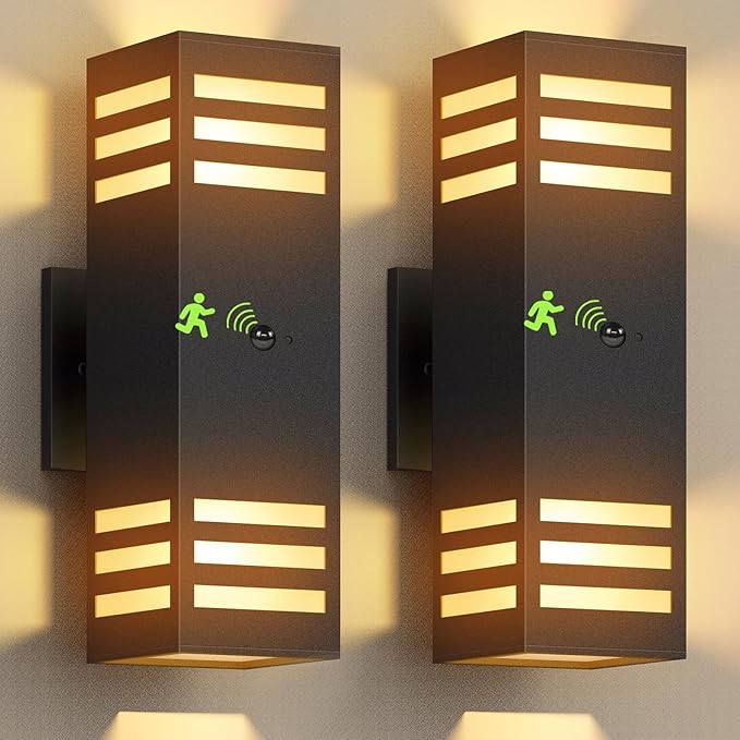 Motion Sensor Outdoor Wall Lights, Dusk to Dawn Exterior Light Fixture with 3 Modes, Waterproof Modern Dimmable Porch Light with Up Down Lighting for Patio, Garage, Front Door, Matte Black, 2Pack