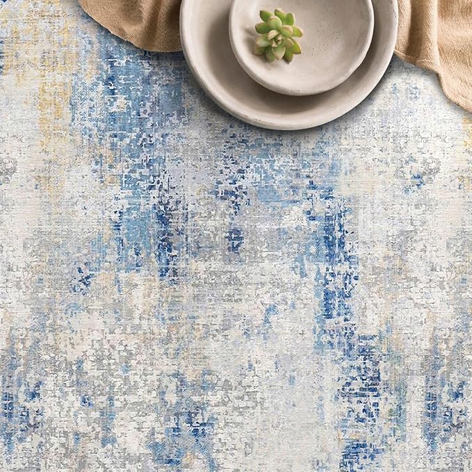 5x7 Area Rugs - Ultra-Thin Washable Rug with Non-Slip Backing, Ideal for Living Room, Bedroom, Kitchen Floor Carpet - Modern Abstract Style, Easy Clean, Durable, Blue Ivory Yellow