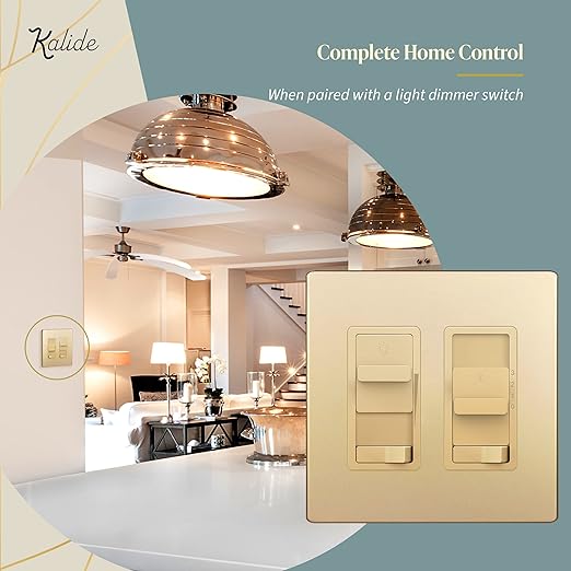 TOPGREENER Kalide Light Switch and 3-Speed Ceiling Fan Control Combo, in Wall Light and Fan Combination Switch, Single Pole, 2.5A, 720W, Neutral Wire Not Required, TGSFS3-GD, Gold