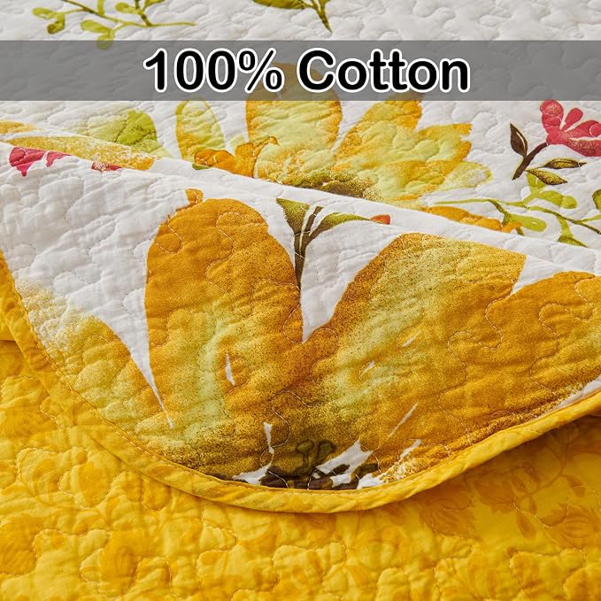 EVENHUG 100% Cotton Quilt Queen Size Yellow Sunflower Bedding Set Floral - Image 6