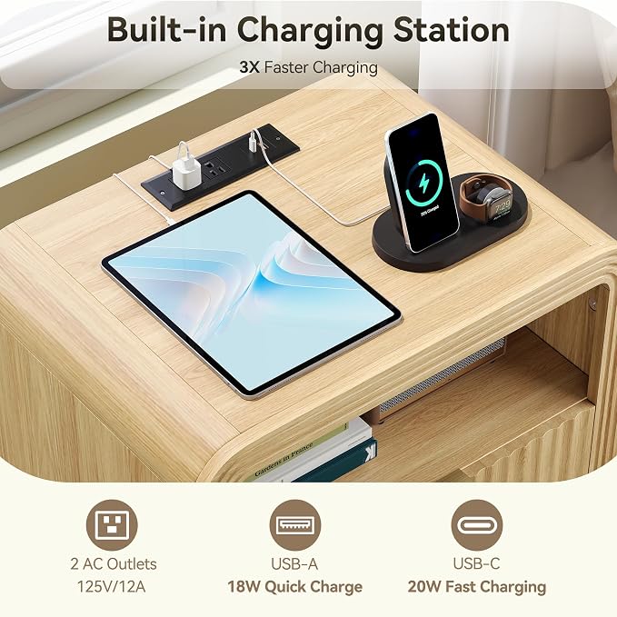 Decofy Fluted Nightstand with Charging Station, 19.7'' Wide Morden End Table - Image 3