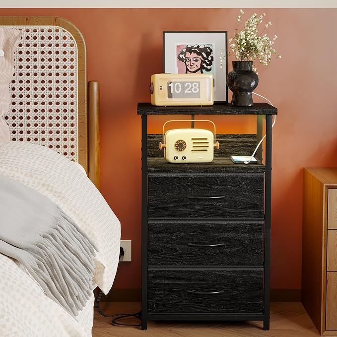Fixwal Night Stand with 3 Fabric Drawers, Nightstand with Charging Station | - Image 8